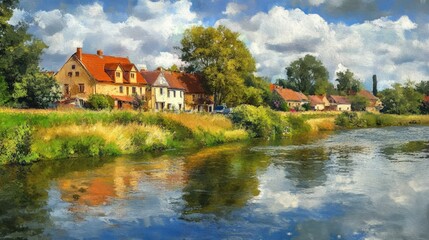 Obraz premium Rural houses by river, sunny day, painting style.