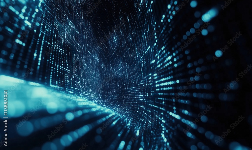 Poster digital data stream, abstract representation of technology, glowing blue particles, futuristic backg