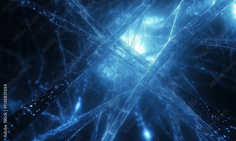 Poster abstract blue neural network structure, intricate web of glowing fibers, digital art representation 