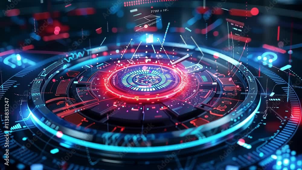 Aufkleber complex circular technological device emitting holographic light and data in a digital environment, 