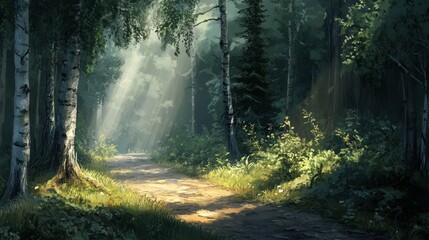 Obraz premium Sunlit Forest Path: A Digital Painting of Tranquil Nature