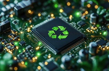 Close-up of eco-friendly microchip with green recycling symbol on circuit board representing sustainable technology and innovation