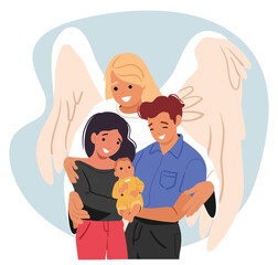 Angel guardian protecting young family with child hugging parents and little newborn baby scene