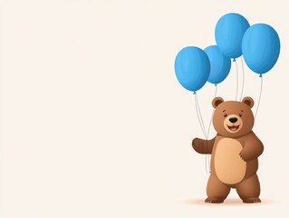 Fototapeta premium A cheerful bear holding blue balloons, perfect for children's themes, birthday celebrations, and joyful illustrations.