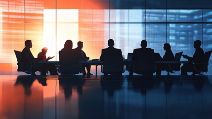 Businesspeople Silhouetted During a Meeting in Modern Office