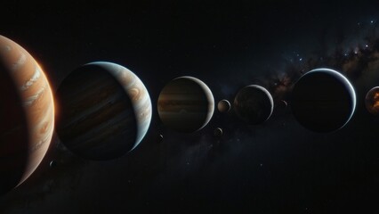 A row of planets in the sky, including Jupiter and Saturn