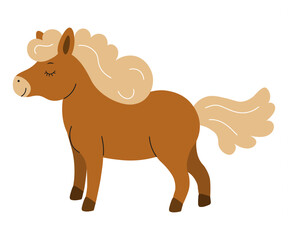 Obraz premium Cute brown pony with curly mane standing peacefully in a cheerful illustration