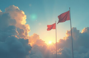 Two red flags wave atop tall flagpoles against a dramatic sky filled with golden clouds and sunlight, creating a striking contrast in the serene, expansive atmosphere