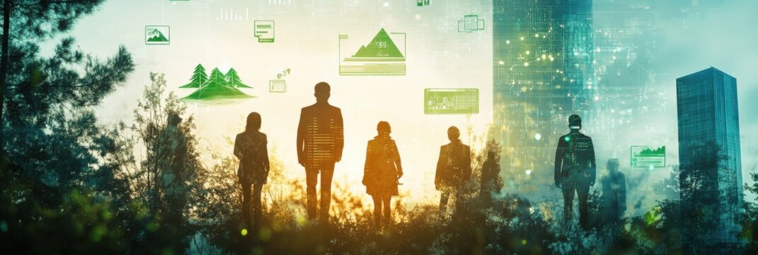 Double exposure of business people standing in a forest with digital interfaces showing data analytics and environmental graphics overlayed, symbolizing the 