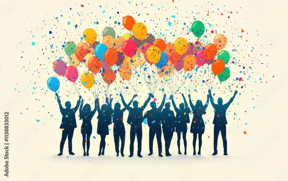 Poster a group of people celebrating a birthday in a flat style, against a white background with a bright c