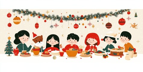 Fototapeta premium A joyful Christmas dinner gathering featuring a cheerful family sharing a festive meal with delicious food and holiday decorations