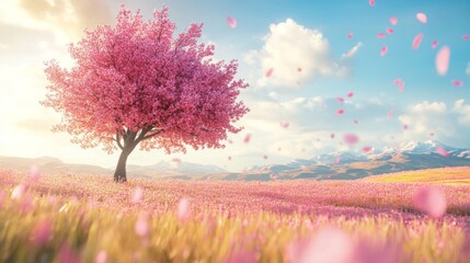 Pink Cherry Blossom Tree In A Spring Meadow