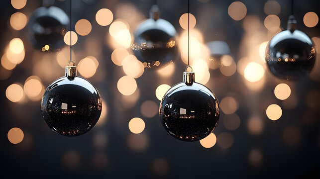 un fondo con luces efecto bokeh con dise&ntilde;o elegante con esferas colgando en color negro fondo decorativo de navidad