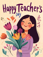 happy teacher's day cute cartoon teacher with flowers. ready to print as a 6x8 inch card , at 300 DPI, for high-quality results when printed.