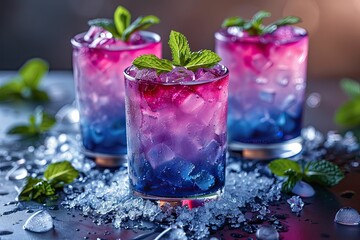 Bright frosted cocktail with layers of purple and blue liquid on crushed ice garnished with fresh mint leaves