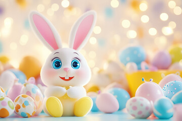 A cheerful bunny with large blue eyes sits amidst a vibrant array of pastel eggs, capturing the essence of spring joy