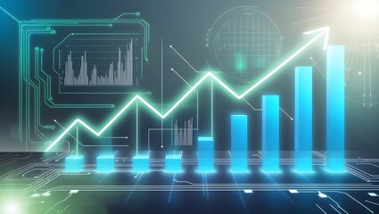 Naklejka premium Abstract Futuristic Concept Symbolizing Success and Achievement with Glowing Arrows, Rising Charts, and Digital Circuit Lines, High-Tech Background Neon Blue White and Green Glows 