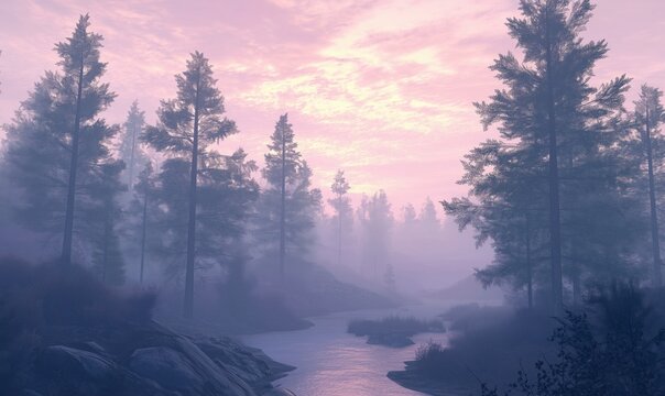 Fototapeta Misty forest landscape with river, serene atmosphere, soft pink sky, tall trees, tranquil water, natural beauty, peaceful scene