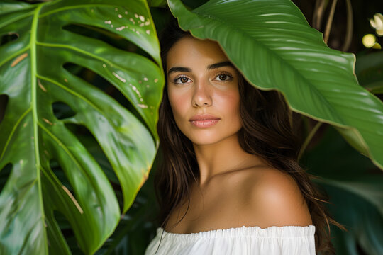 Portrait of a beautiful young woman, surrounded by lush tropical leaves, embodying natural beauty and exotic freshness.
