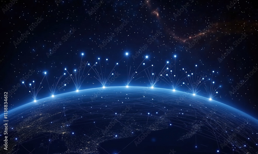 Poster global connectivity network visualized, earth illuminated by data connections, stars in background