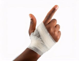 Hand with index finger wrapped in bloody bandage, isolated on white background