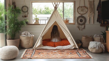 Bohemian nursery with a teepee dreamcatchers and an eclectic mix of patterns and textures captured in detail shots to showcase unique decorative elements