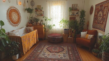 Bohemian nursery with layered textiles a vintage rug and hanging plants taken from an overhead shot to capture the vibrant eclectic decor