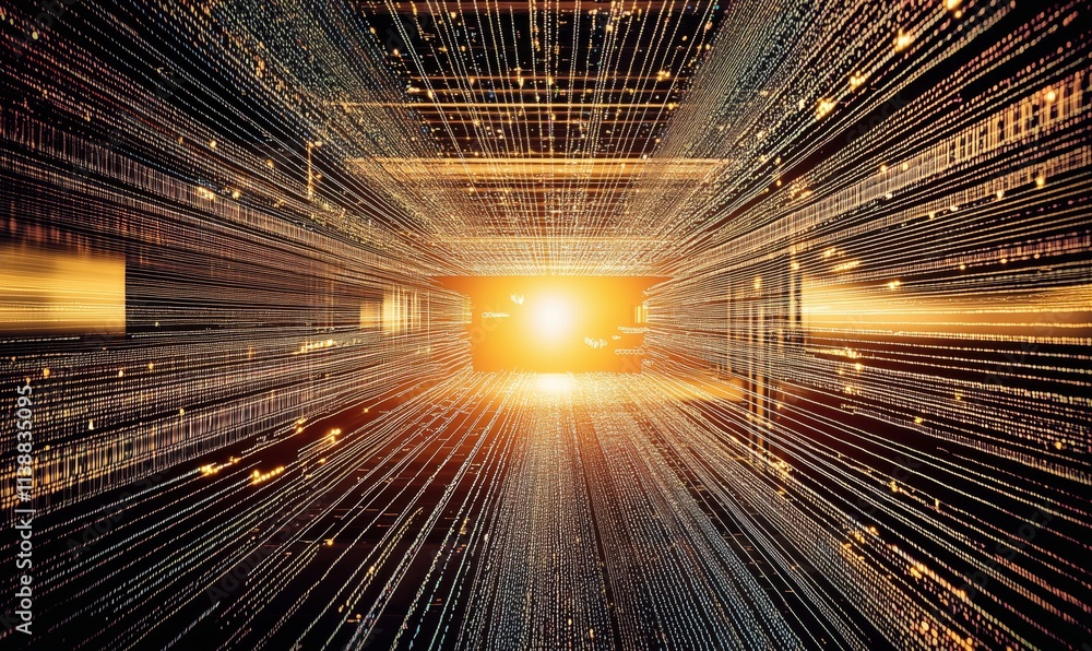 Poster digital tunnel with glowing light, abstract representation of data flow and technology, lines and pa