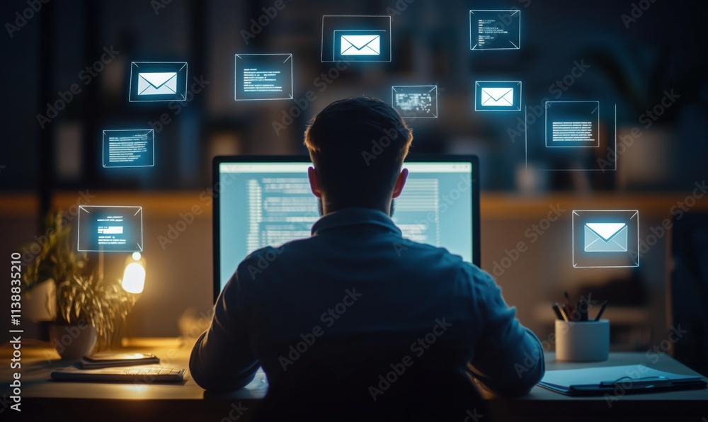 Poster digital communication and technology concept, person working at computer, illuminated screen, email 