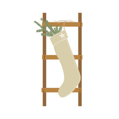 Rustic holiday stocking with greenery hanging on a wooden ladder. A cozy and minimalist Christmas vibe. Vector illustration.