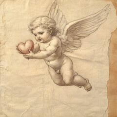 Vintage Cherub Angel Illustration with Wings Holding a Heart – Romantic and Classic Drawing Style