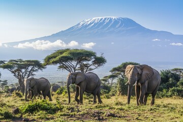 Fototapeta premium A group of elephants walking through the savanna with Mount Kilimanjaro