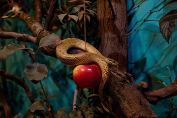 Vibrant golden serpent coiled around tree with tempting red apple  a surreal eden reflection