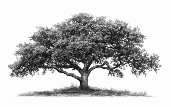 Engraving tree sketch. Retro park drawing or engraved. Engraved nature botanical black art. Ink drawn plant. Monochrome forest etching illustration