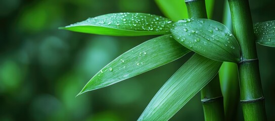 Obraz premium Close-up of bamboo leaves with droplets, showcasing nature's beauty and tranquility.
