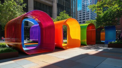 Colorful arched structures in urban setting.