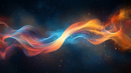 Colorful abstract wave of blue and orange hues flowing through a dark space with specks of light resembling stars