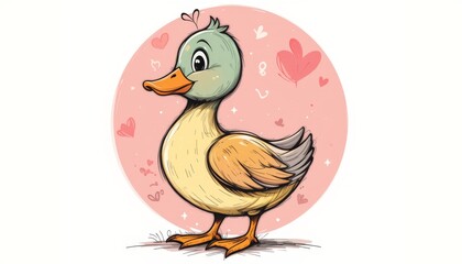 Obraz premium Charming cartoon duck surrounded by hearts in a whimsical setting