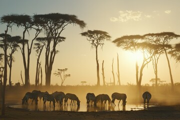 A herd of zebras drinking at a waterhole surrounded by tall acacia trees