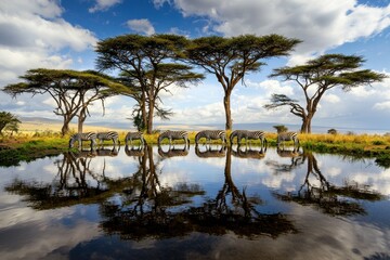 Fototapeta premium A herd of zebras drinking at a waterhole surrounded by tall acacia trees