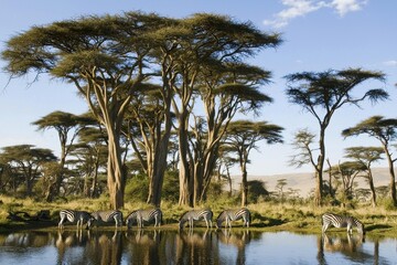 Obraz premium A herd of zebras drinking at a waterhole surrounded by tall acacia trees