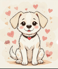 Fototapeta premium Cute cartoon puppy surrounded by colorful hearts spreading joy and happiness