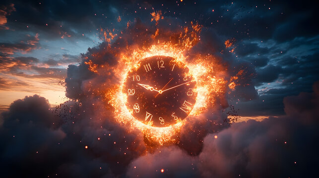 Fireworks exploding between the clouds in the sky with a clock shape. Happy new year 2024. Concept of the end of the year and Christmas times