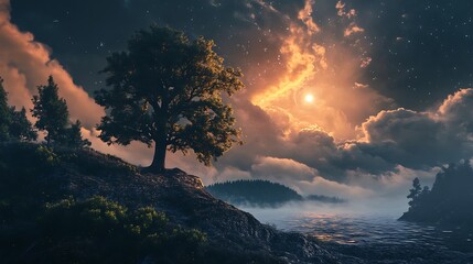 Majestic Tree on Hilltop at Sunrise/Sunset.  Nature, Serenity, Fantasy Landscape