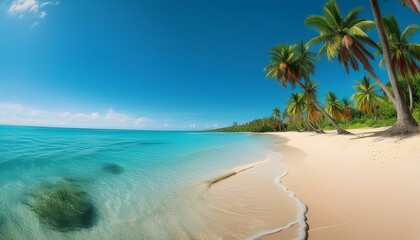 A panoramic view of a fine sandy beach lined with palm trees, with a turquoise sea and a clear sky.