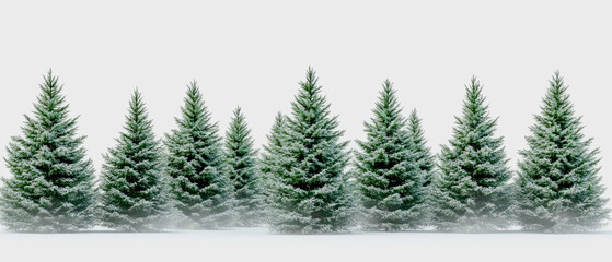 A row of snow-covered evergreen pine trees against a light gray background creating a winter forest borderline. Generative AI.