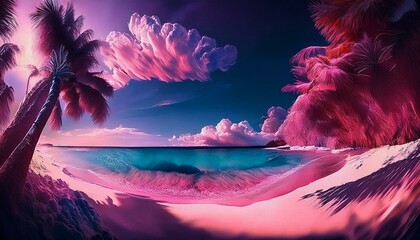 A panoramic view of a fine sandy beach lined with palm trees, with a turquoise sea and a clear sky.