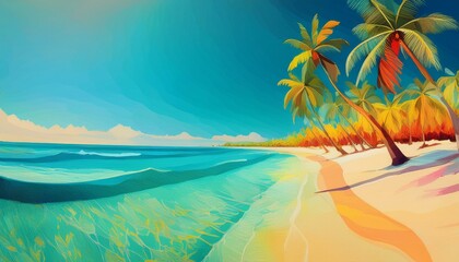 A panoramic view of a fine sandy beach lined with palm trees, with a turquoise sea and a clear sky.