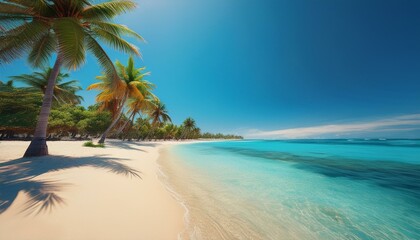 A panoramic view of a fine sandy beach lined with palm trees, with a turquoise sea and a clear sky.