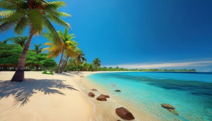A panoramic view of a fine sandy beach lined with palm trees, with a turquoise sea and a clear sky.